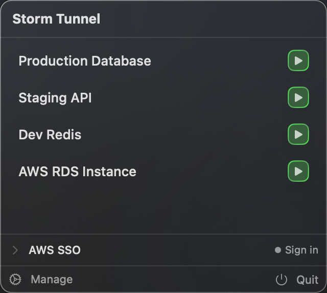Menu bar popup showing tunnel controls and status