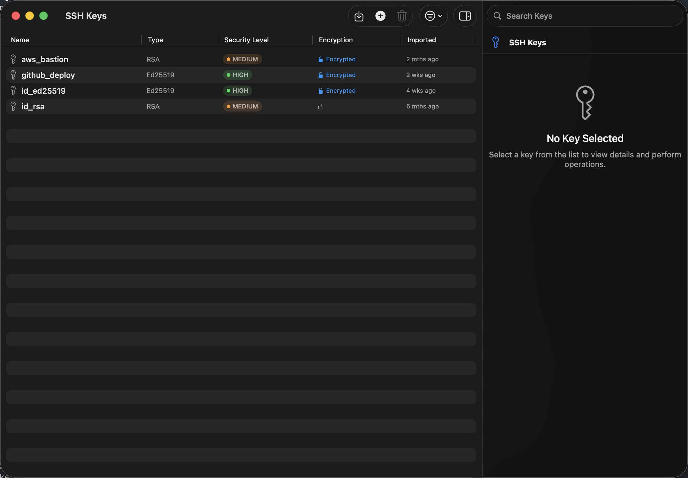 SSH key management interface showing imported keys and keychain integration