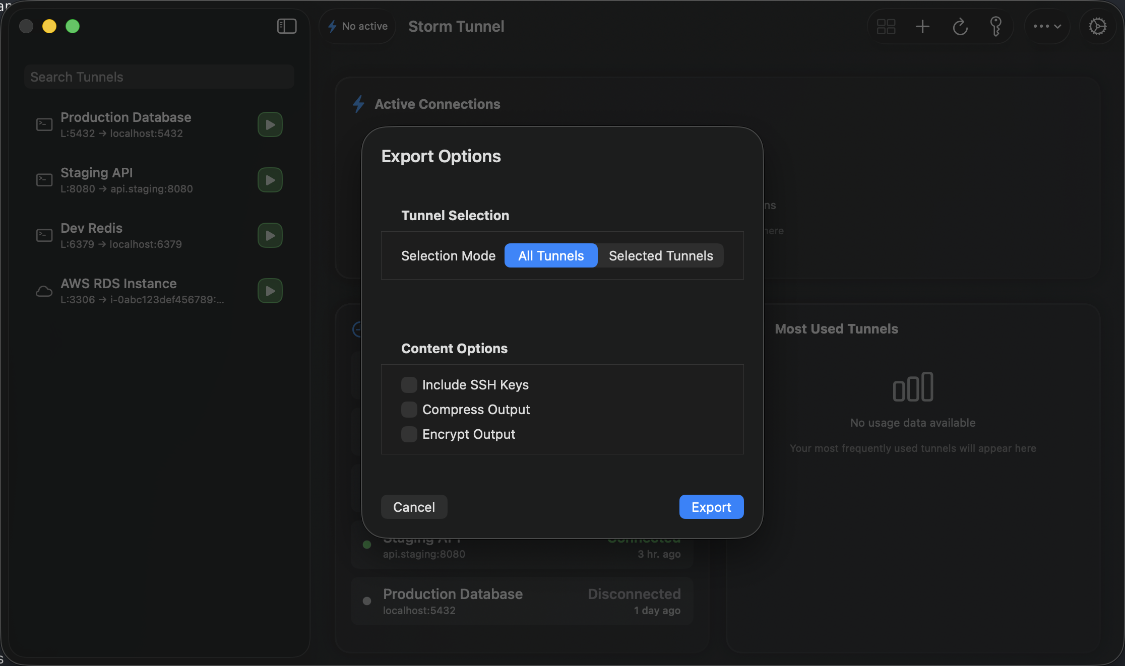 Export tunnel configurations modal with format selection and security options